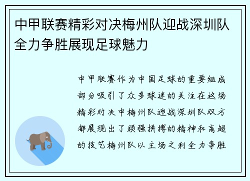 中甲联赛精彩对决梅州队迎战深圳队全力争胜展现足球魅力