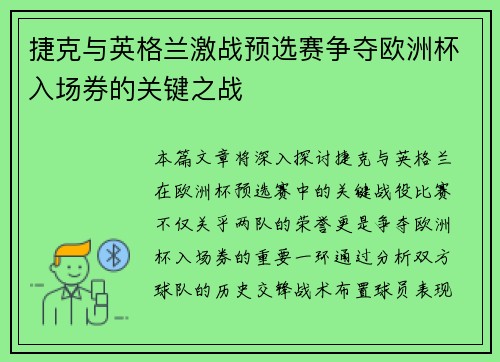 捷克与英格兰激战预选赛争夺欧洲杯入场券的关键之战