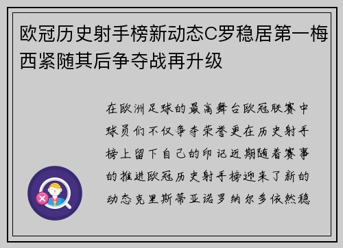 欧冠历史射手榜新动态C罗稳居第一梅西紧随其后争夺战再升级