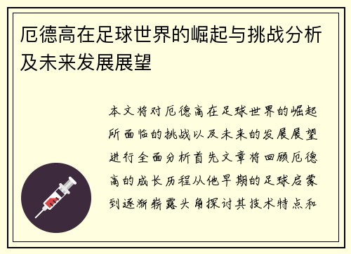 厄德高在足球世界的崛起与挑战分析及未来发展展望