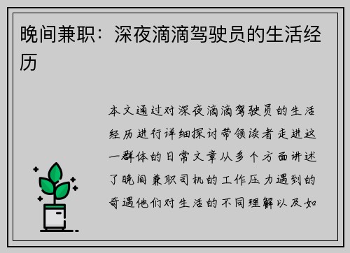晚间兼职：深夜滴滴驾驶员的生活经历