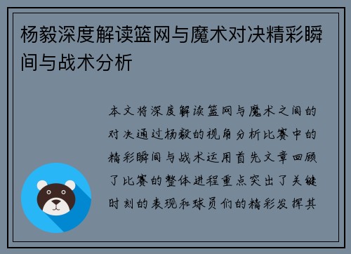 杨毅深度解读篮网与魔术对决精彩瞬间与战术分析