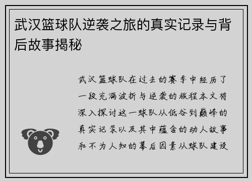 武汉篮球队逆袭之旅的真实记录与背后故事揭秘