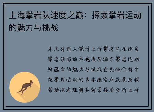 上海攀岩队速度之巅：探索攀岩运动的魅力与挑战