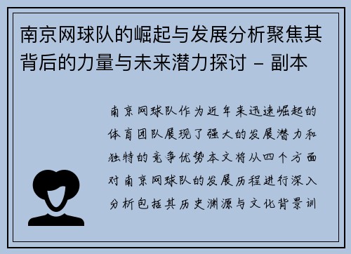 南京网球队的崛起与发展分析聚焦其背后的力量与未来潜力探讨 - 副本