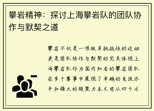 攀岩精神：探讨上海攀岩队的团队协作与默契之道