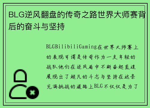 BLG逆风翻盘的传奇之路世界大师赛背后的奋斗与坚持