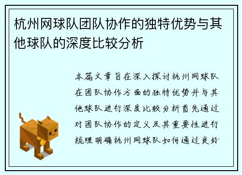 杭州网球队团队协作的独特优势与其他球队的深度比较分析